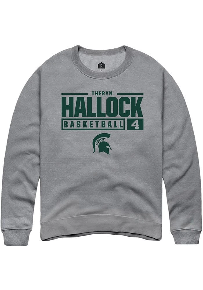 Theryn Hallock Rally Michigan State Spartans Mens Graphite NIL Stacked Box Long Sleeve Crew Sweat..