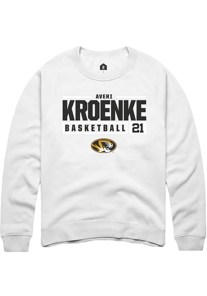 Averi Kroenke Rally Missouri Tigers Mens White NIL Stacked Box Long Sleeve Crew Sweatshirt