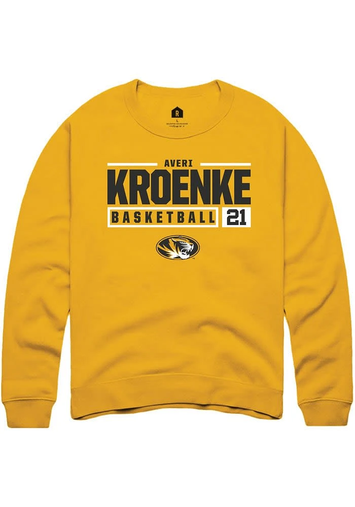 Averi Kroenke Rally Missouri Tigers Mens Gold NIL Stacked Box Long Sleeve Crew Sweatshirt