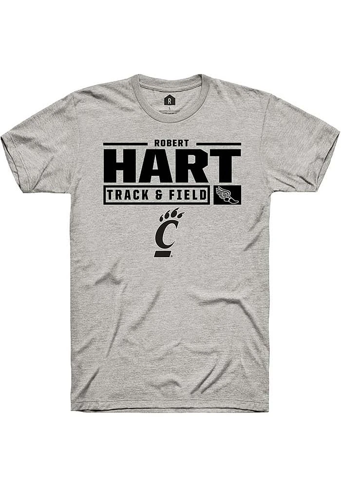 Robert Hart  Cincinnati Bearcats Ash Rally NIL Stacked Box Short Sleeve T Shirt