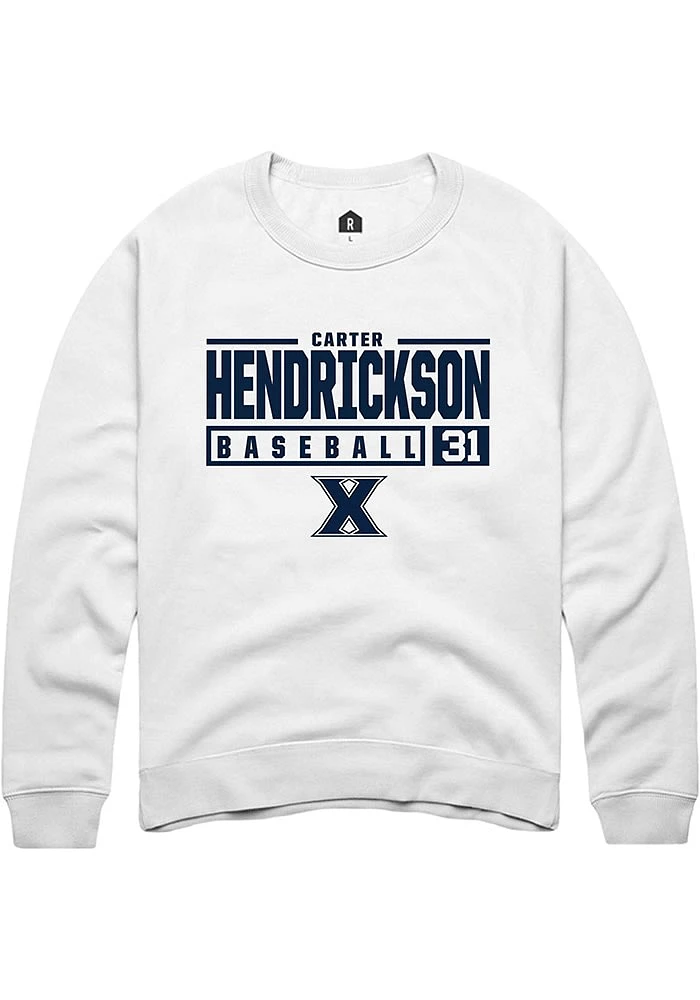 Carter Hendrickson  Rally Xavier Musketeers Mens White NIL Stacked Box Long Sleeve Crew Sweatshirt