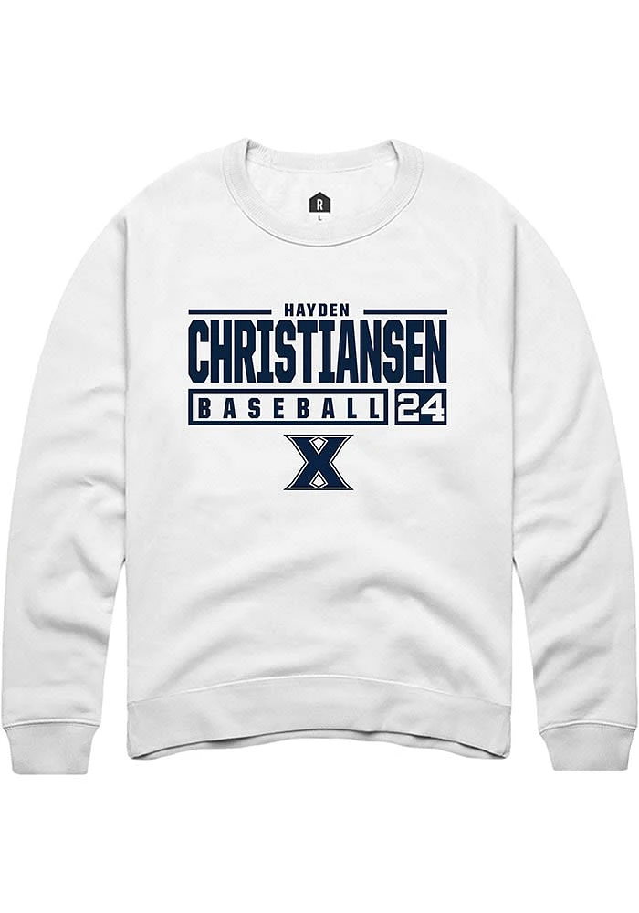 Hayden Christiansen  Rally Xavier Musketeers Mens White NIL Stacked Box Long Sleeve Crew Sweatshir..