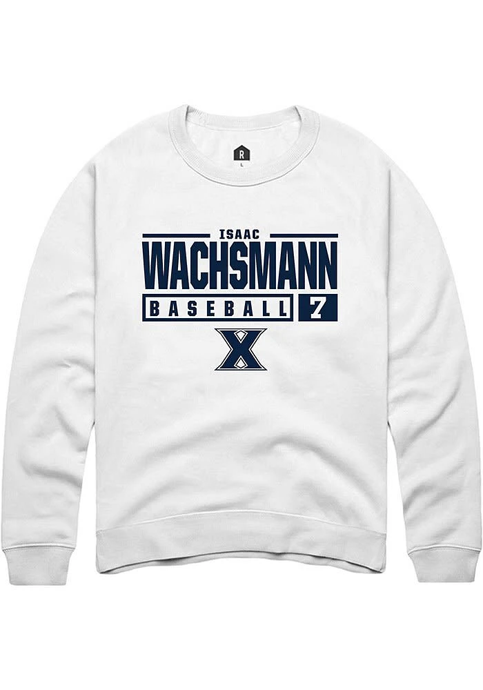 Isaac Wachsmann  Rally Xavier Musketeers Mens White NIL Stacked Box Long Sleeve Crew Sweatshirt