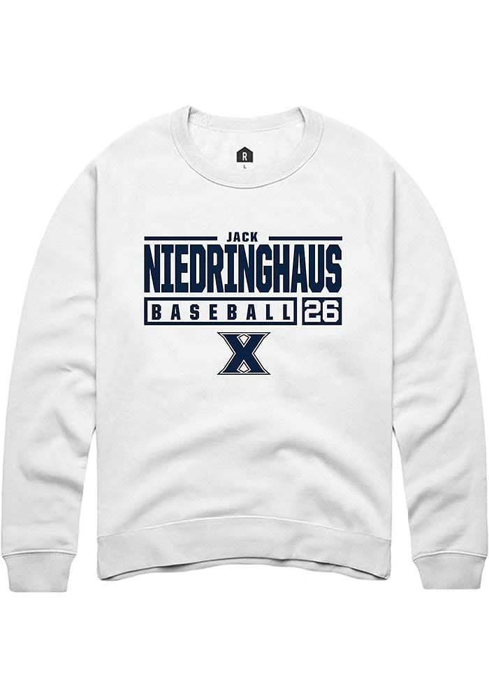 Jack Niedringhaus  Rally Xavier Musketeers Mens White NIL Stacked Box Long Sleeve Crew Sweatshir..