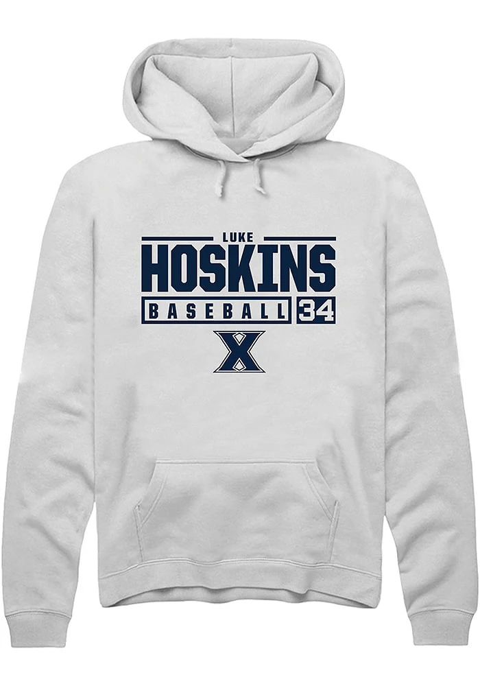 Luke Hoskins  Rally Xavier Musketeers Mens White NIL Stacked Box Long Sleeve Hoodie