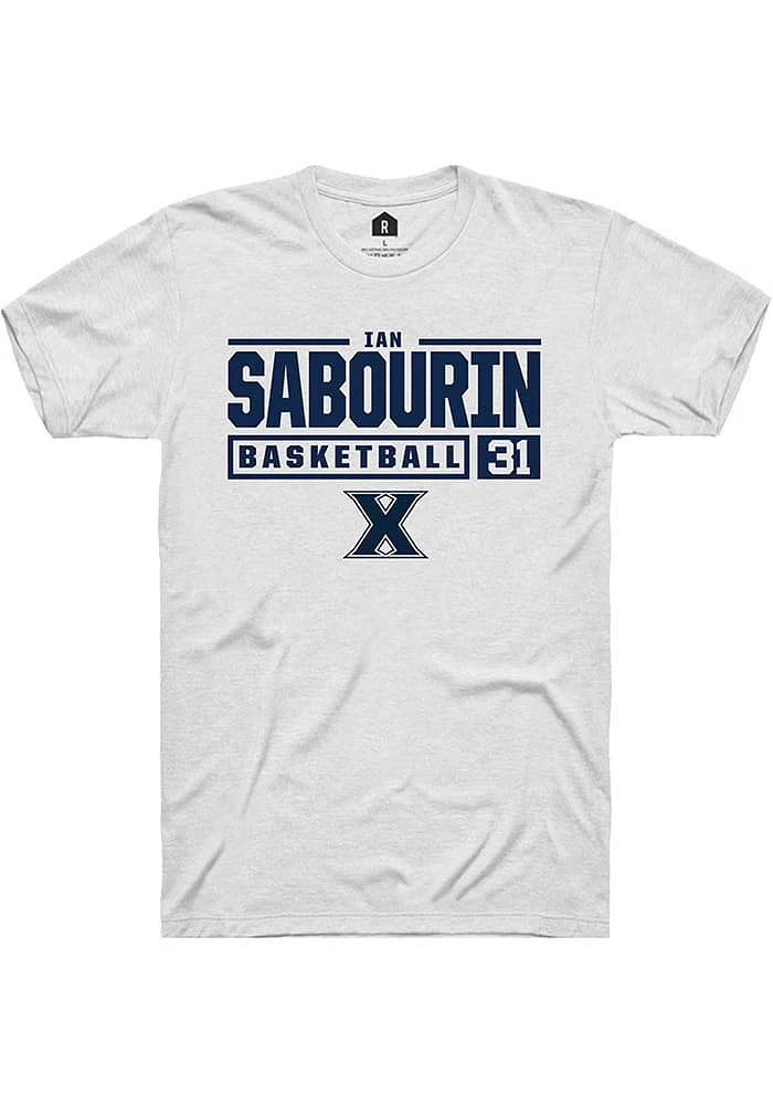 Ian Sabourin  Xavier Musketeers White Rally NIL Stacked Box Short Sleeve T Shirt