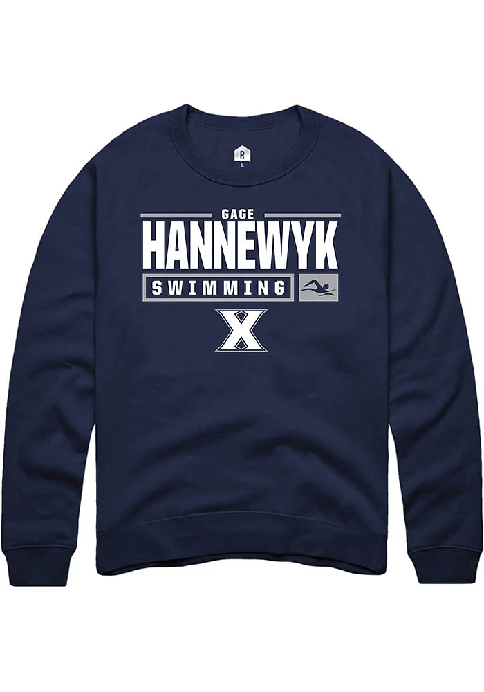 Gage Hannewyk  Rally Xavier Musketeers Mens Navy Blue NIL Stacked Box Long Sleeve Crew Sweatshir..