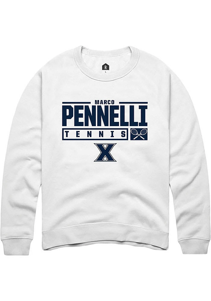 Marco Pennelli Rally Xavier Musketeers Mens White NIL Stacked Box Long Sleeve Crew Sweatshirt