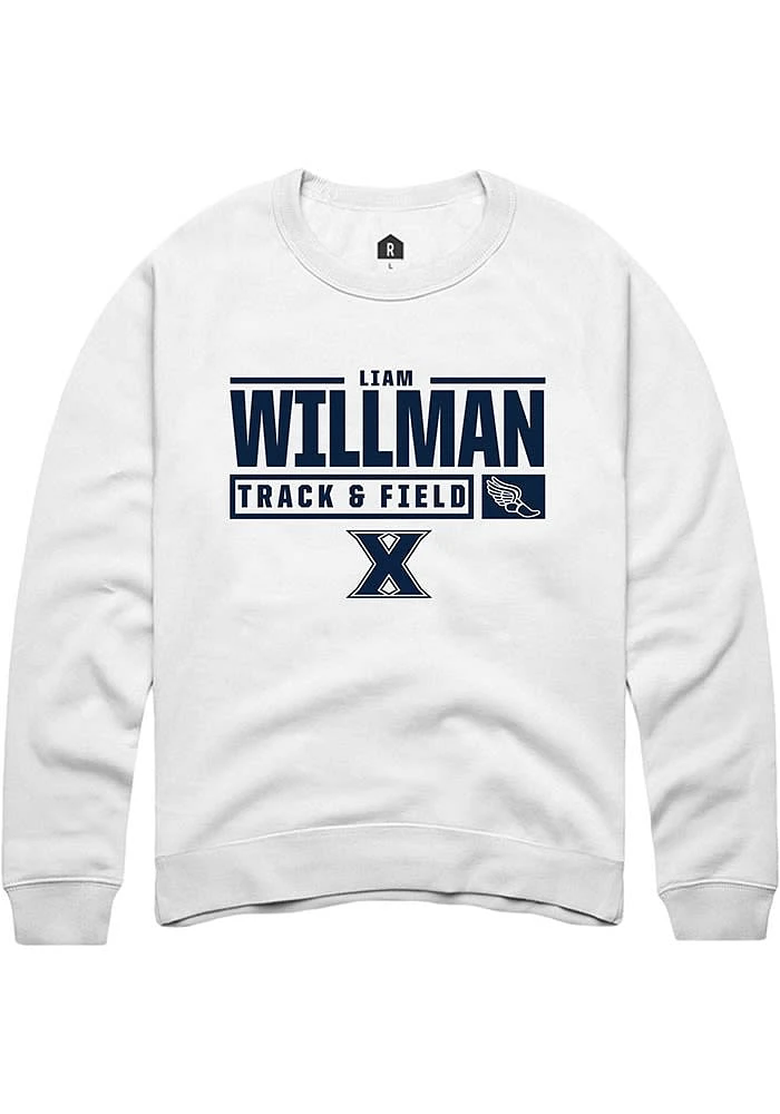 Liam Willman  Rally Xavier Musketeers Mens White NIL Stacked Box Long Sleeve Crew Sweatshirt