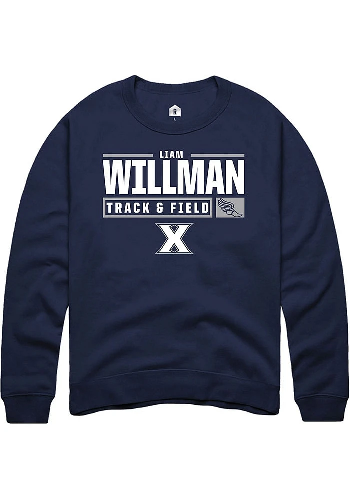 Liam Willman  Rally Xavier Musketeers Mens Navy Blue NIL Stacked Box Long Sleeve Crew Sweatshirt