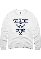 Claire Slade  Rally Xavier Musketeers Mens White NIL Sport Icon Long Sleeve Crew Sweatshirt