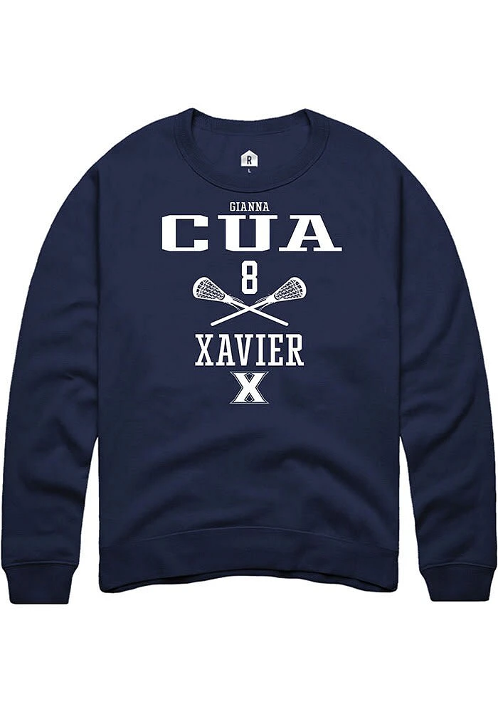 Gianna Cua  Rally Xavier Musketeers Mens Navy Blue NIL Sport Icon Long Sleeve Crew Sweatshirt