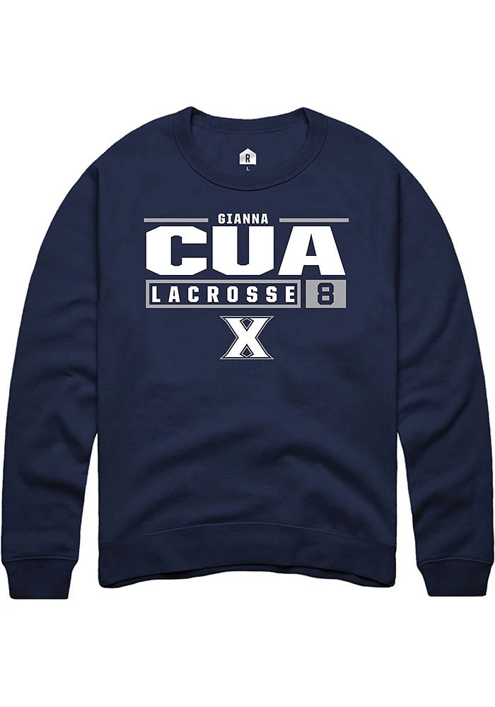 Gianna Cua  Rally Xavier Musketeers Mens Navy Blue NIL Stacked Box Long Sleeve Crew Sweatshirt