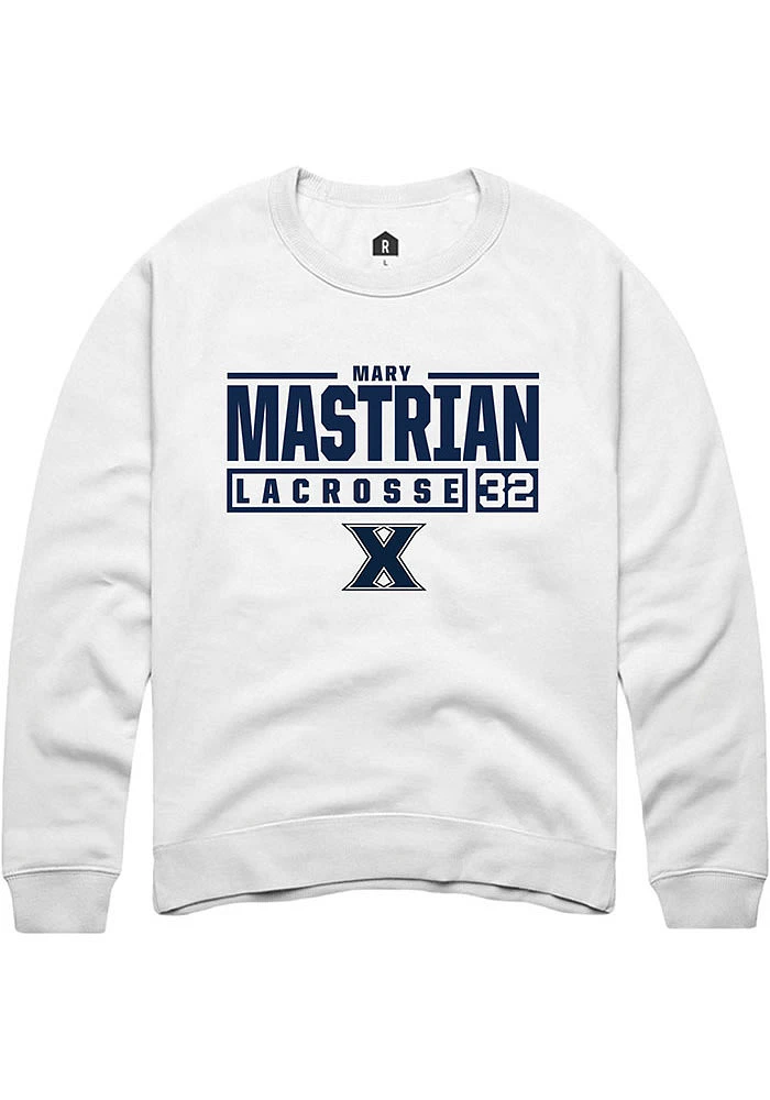 Mary Mastrian Rally Xavier Musketeers Mens NIL Stacked Box Long Sleeve Crew Sweatshirt