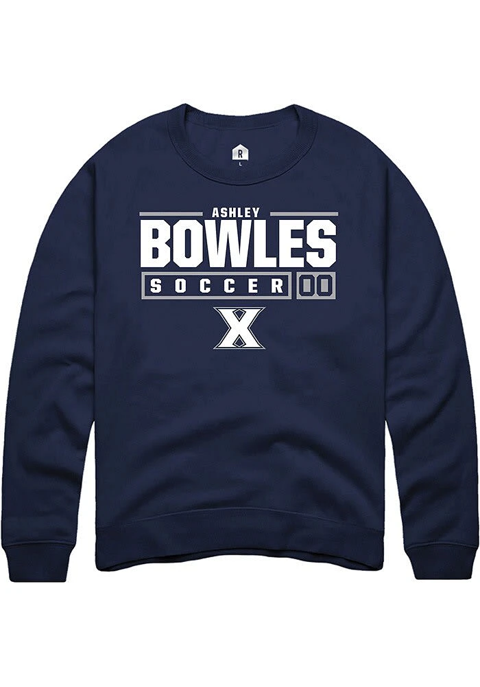 Ashley Bowles  Rally Xavier Musketeers Mens Navy Blue NIL Stacked Box Long Sleeve Crew Sweatshir..