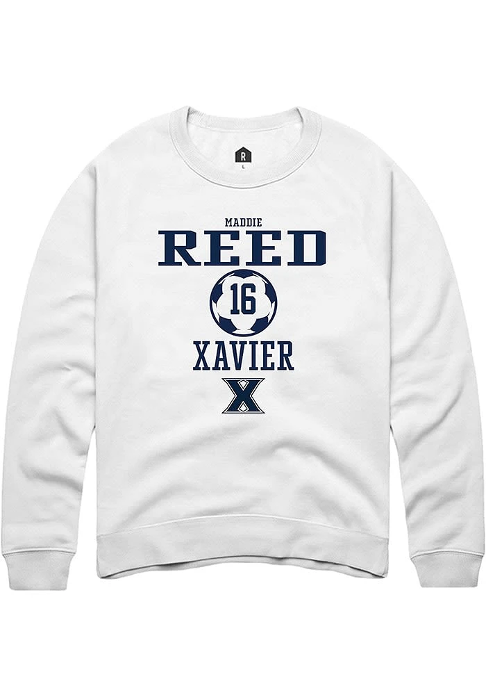 Maddie Reed Rally Xavier Musketeers Mens White NIL Sport Icon Long Sleeve Crew Sweatshirt