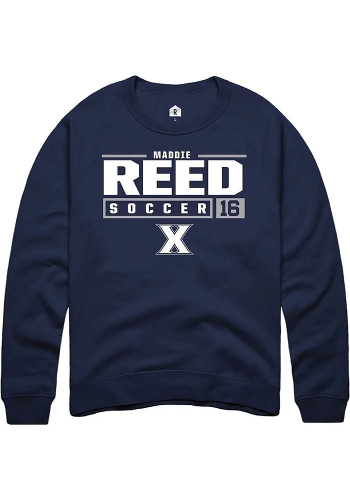 Maddie Reed Rally Xavier Musketeers Mens Navy Blue NIL Stacked Box Long Sleeve Crew Sweatshirt