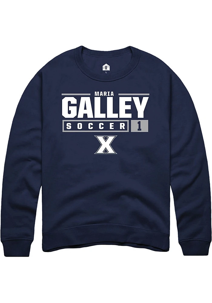 Maria Galley  Rally Xavier Musketeers Mens Navy Blue NIL Stacked Box Long Sleeve Crew Sweatshirt