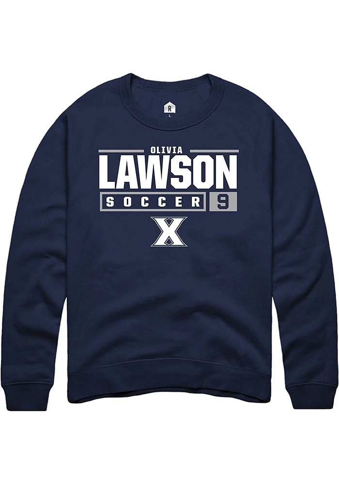 Olivia Lawson  Rally Xavier Musketeers Mens Navy Blue NIL Stacked Box Long Sleeve Crew Sweatshir..