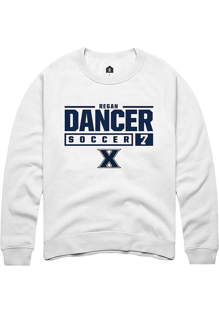 Regan Dancer Rally Xavier Musketeers Mens White NIL Stacked Box Long Sleeve Crew Sweatshirt