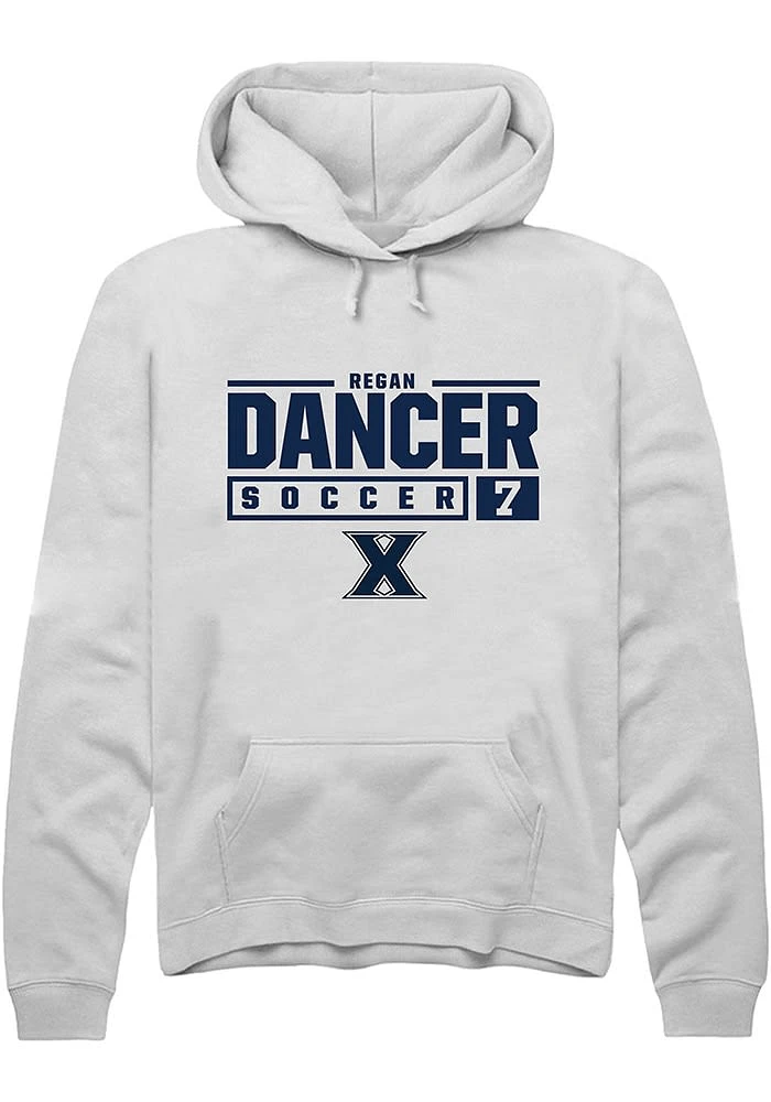 Regan Dancer Rally Xavier Musketeers Mens White NIL Stacked Box Long Sleeve Hoodie