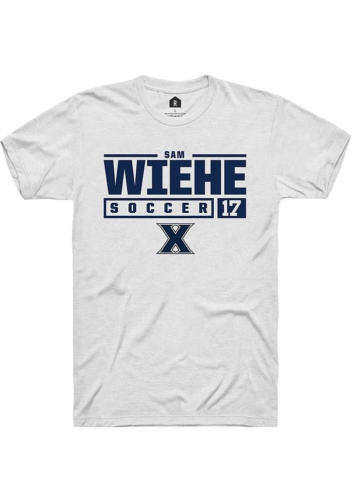 Sam Wiehe  Xavier Musketeers White Rally NIL Stacked Box Short Sleeve T Shirt