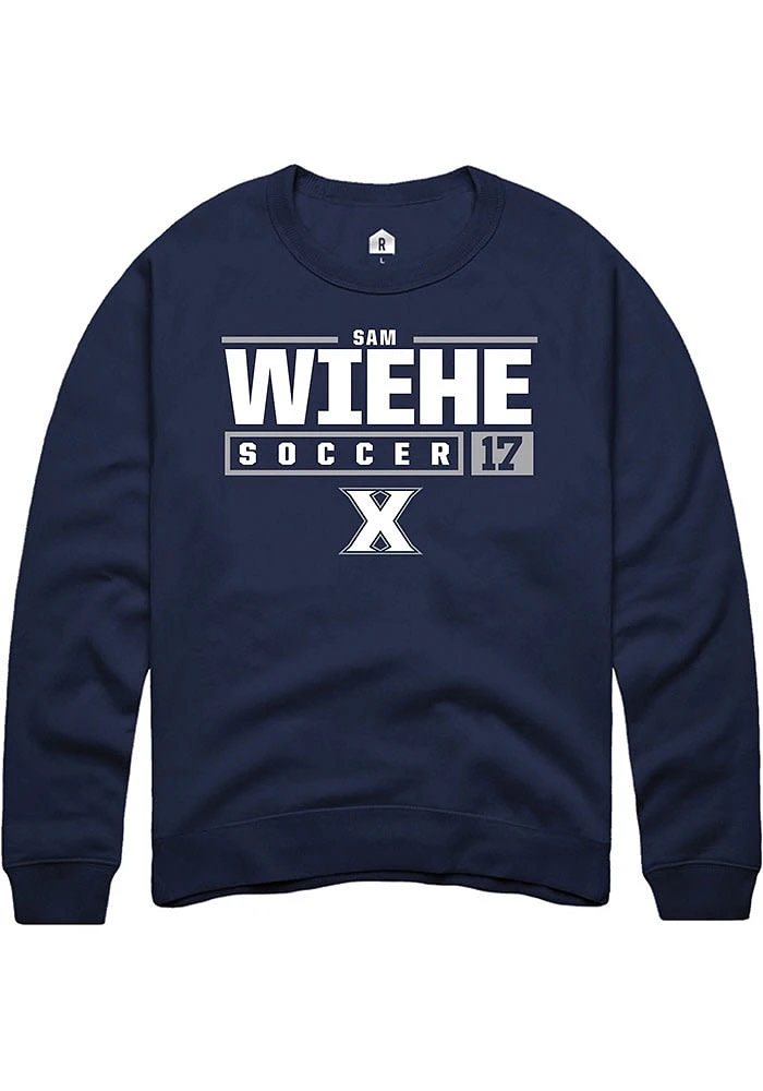 Sam Wiehe  Rally Xavier Musketeers Mens Navy Blue NIL Stacked Box Long Sleeve Crew Sweatshirt