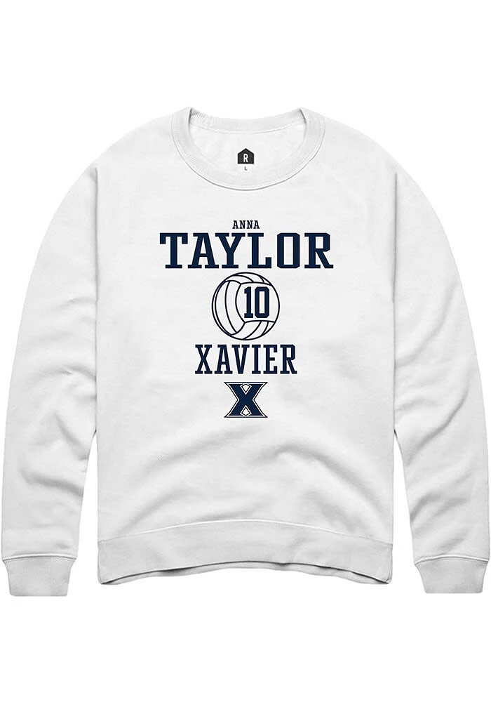 Anna Taylor  Rally Xavier Musketeers Mens White NIL Sport Icon Long Sleeve Crew Sweatshirt