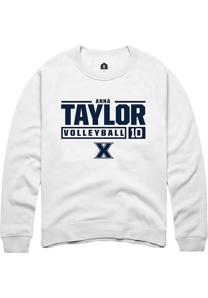 Anna Taylor  Rally Xavier Musketeers Mens White NIL Stacked Box Long Sleeve Crew Sweatshirt