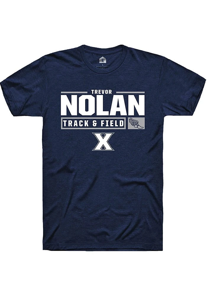 Trevor Nolan  Xavier Musketeers Navy Blue Rally NIL Stacked Box Track Short Sleeve T Shirt