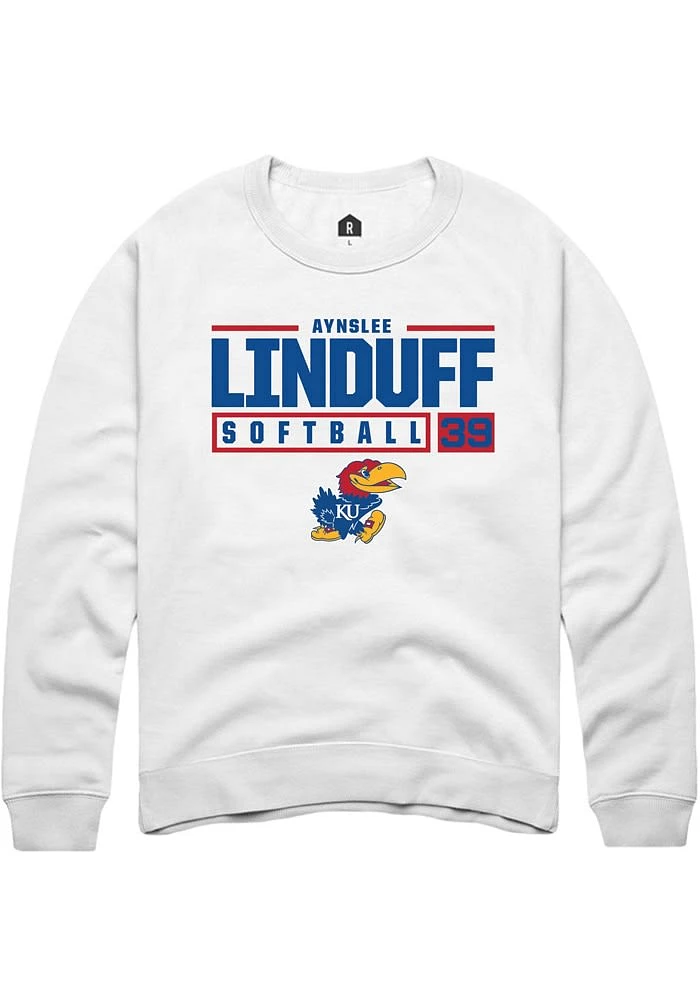 Aynslee Linduff Rally Kansas Jayhawks Mens NIL Stacked Box Long Sleeve Crew Sweatshirt