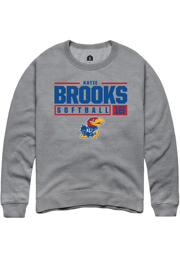 Katie Brooks Rally Kansas Jayhawks Mens Graphite NIL Stacked Box Long Sleeve Crew Sweatshirt