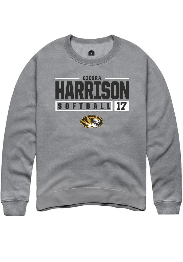 Cierra Harrison  Rally Missouri Tigers Mens Graphite NIL Stacked Box Long Sleeve Crew Sweatshirt