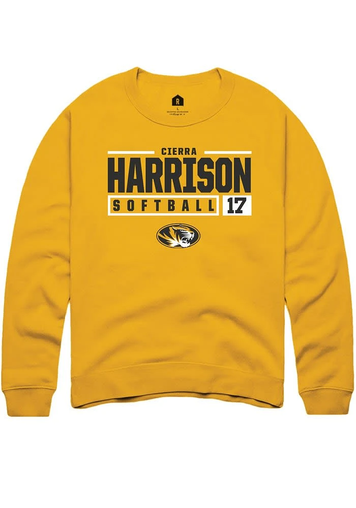 Cierra Harrison Rally Missouri Tigers Mens Gold NIL Stacked Box Long Sleeve Crew Sweatshirt