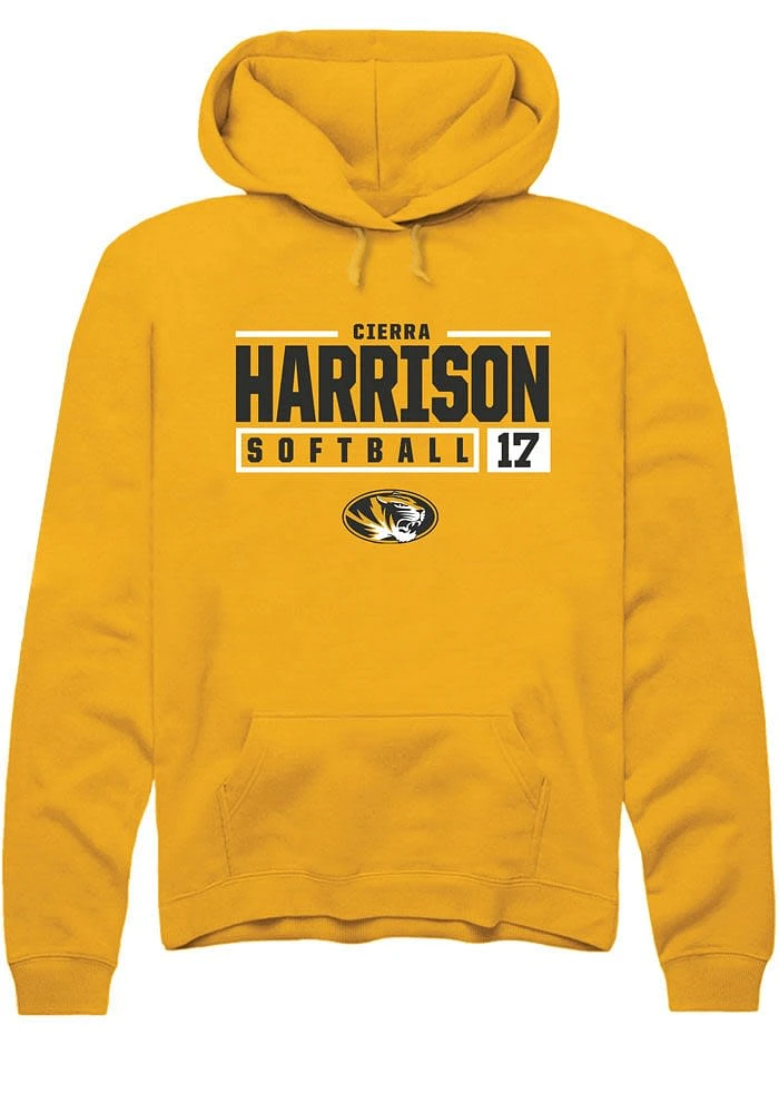 Cierra Harrison Rally Missouri Tigers Mens Gold NIL Stacked Box Long Sleeve Hoodie
