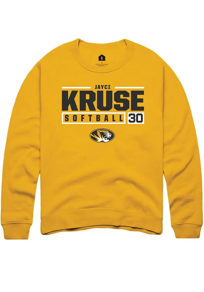 Jayci Kruse Rally Missouri Tigers Mens Gold NIL Stacked Box Long Sleeve Crew Sweatshirt
