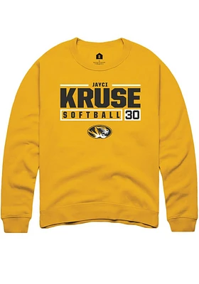 Jayci Kruse  Rally Missouri Tigers Mens Gold NIL Stacked Box Long Sleeve Crew Sweatshirt
