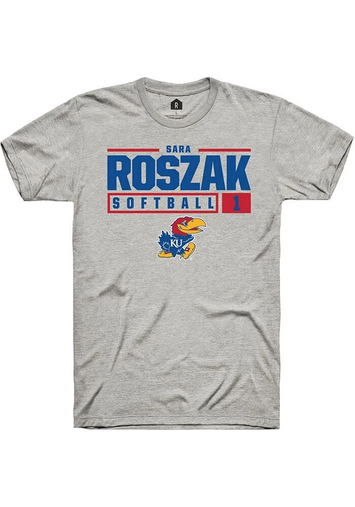 Sara Roszak Kansas Jayhawks Ash Rally NIL Stacked Box Short Sleeve T Shirt
