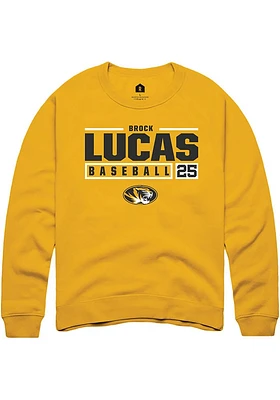 Brock Lucas  Rally Missouri Tigers Mens Gold NIL Stacked Box Long Sleeve Crew Sweatshirt