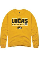Brock Lucas  Rally Missouri Tigers Mens Gold NIL Stacked Box Long Sleeve Crew Sweatshirt