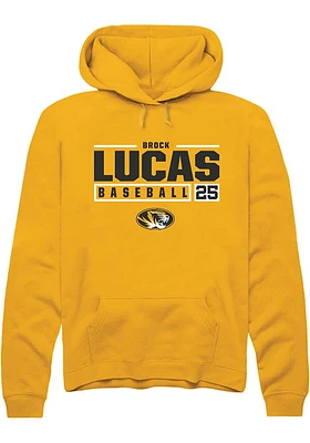 Brock Lucas  Rally Missouri Tigers Mens Gold NIL Stacked Box Long Sleeve Hoodie
