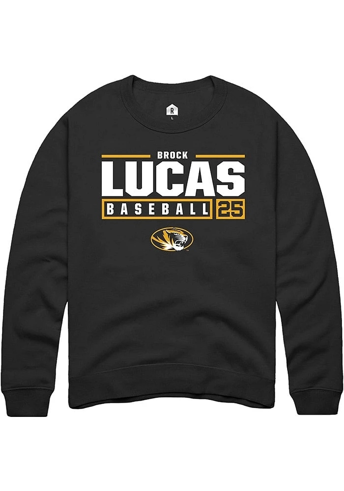 Brock Lucas Rally Missouri Tigers Mens Black NIL Stacked Box Long Sleeve Crew Sweatshirt