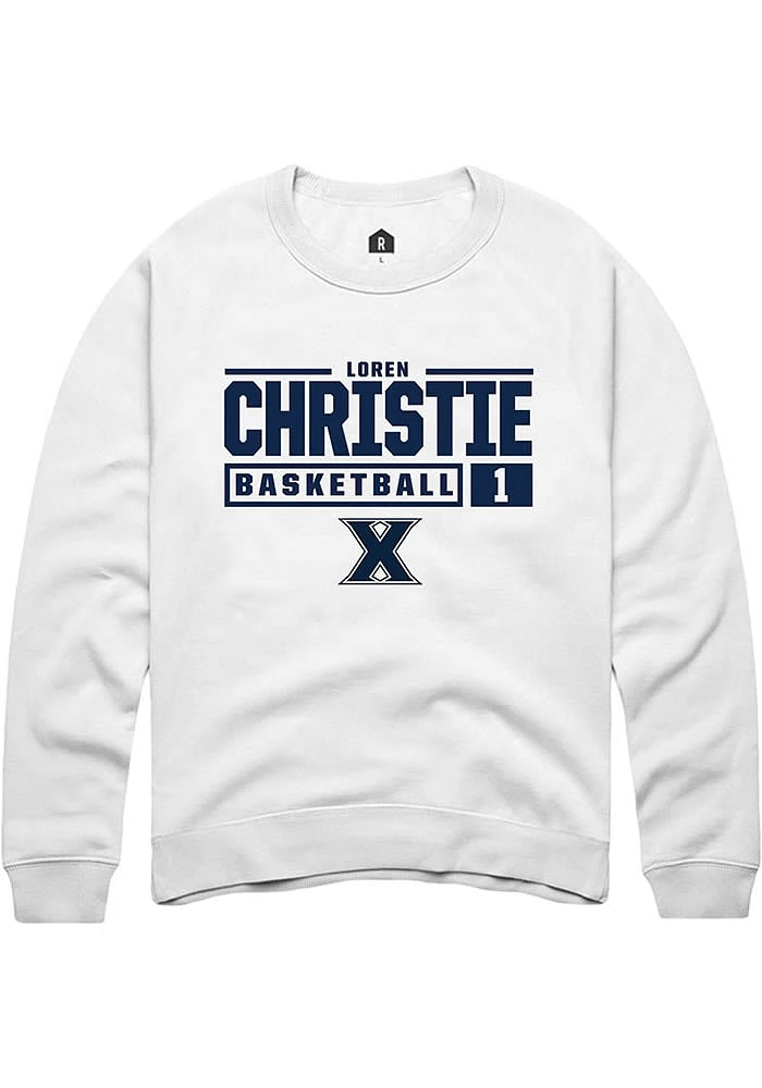 Loren Christie Rally Xavier Musketeers Mens White NIL Stacked Box Long Sleeve Crew Sweatshirt