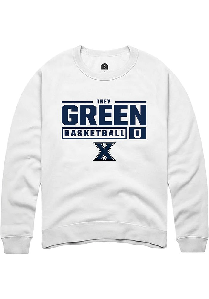 Trey Green Rally Xavier Musketeers Mens NIL Stacked Box Long Sleeve Crew Sweatshirt