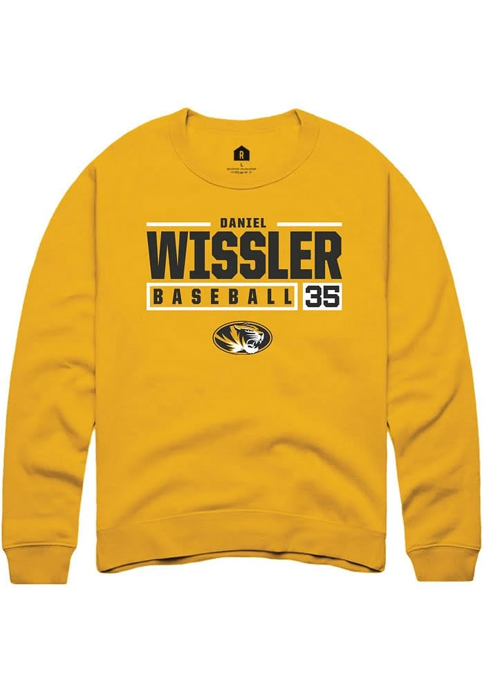 Daniel Wissler Rally Missouri Tigers Mens Gold NIL Stacked Box Long Sleeve Crew Sweatshirt