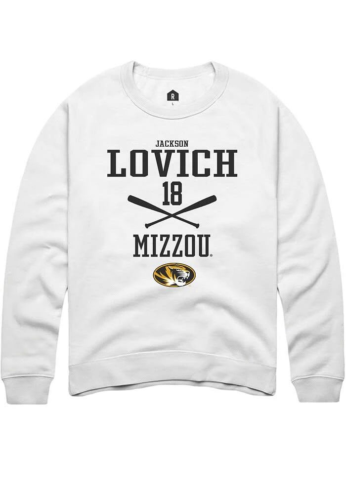 Jackson Lovich Rally Missouri Tigers Mens White NIL Sport Icon Long Sleeve Crew Sweatshirt