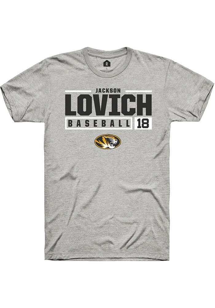 Jackson Lovich Missouri Tigers Ash Rally NIL Stacked Box Short Sleeve T Shirt