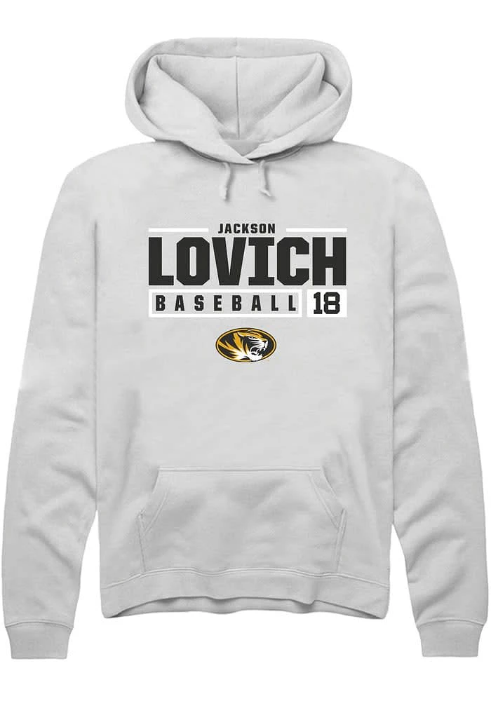 Jackson Lovich Rally Missouri Tigers Mens White NIL Stacked Box Long Sleeve Hoodie