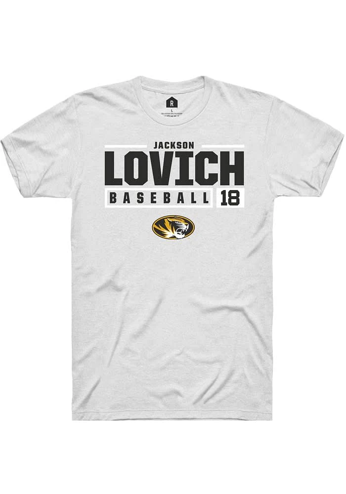 Jackson Lovich Missouri Tigers White Rally NIL Stacked Box Short Sleeve T Shirt