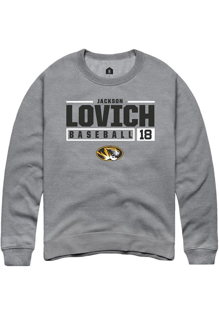 Jackson Lovich Rally Missouri Tigers Mens Graphite NIL Stacked Box Long Sleeve Crew Sweatshirt